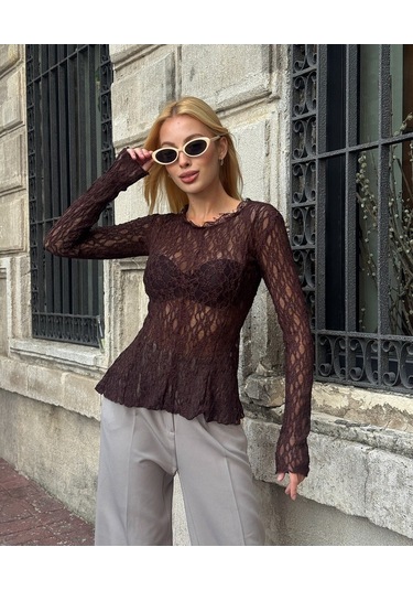 Kadın Bisiklet Yaka Full Esnek Dantel Bürümcük Spor Şık Tasarım Asimetrik Kesim Gece Bluzu Kahverengi