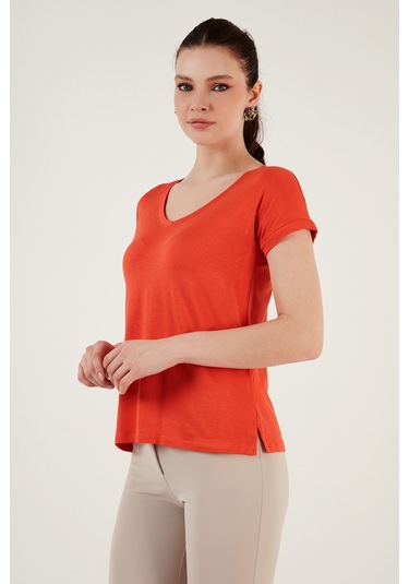 Lela V Yaka Rahat Kesim Yırtmaçlı Bayan Bluz 5862000 Nar Çiçeği