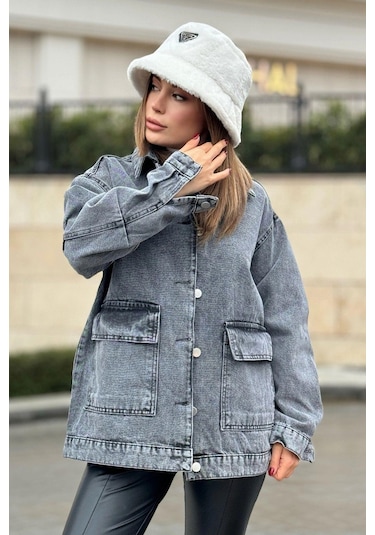 Kadın Gri Geniş Cepli, Kaliteli Jeans Kumaş, Salaş Kot Ceket Gri