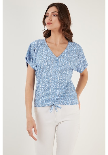 Lela Desenli Önü Büzgülü V Yaka Crop Bayan Bluz 5864486Y4 Bebe Mavi