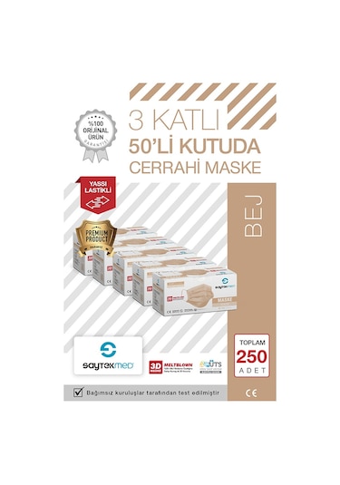 Saytekmed Meltblown Filtreli, Yassı İpli, 3 Katlı Bej Maske (5 Kutu/250 Adet)