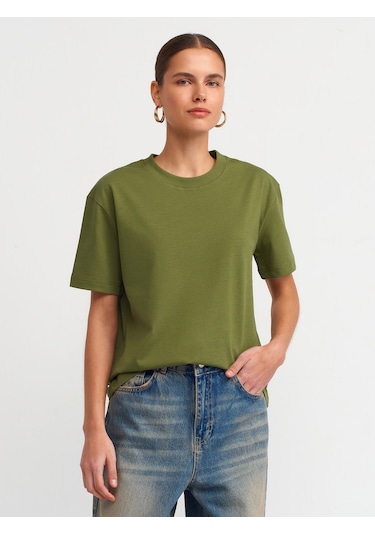 Dilvin Dekoratif Dikişli Bisiklet Yaka Tshirt 101a30312 Haki