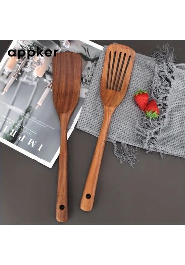 Brightnova Appker Akasya Ahşap Spatula Seti Wooden Shovel Yapışmaz Yemek Güvenli Pişirme Karıştırma Kızartma Düz Ve Delikli Spatula Ahşap