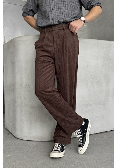 Erkek Pileli Baggy Kalıp Kadife Pantolon Kahverengi
