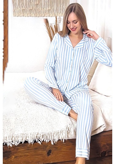 Kadın Çizgili Desen Suprem Pijama Takımı 0492 Mavi01 Mavi01