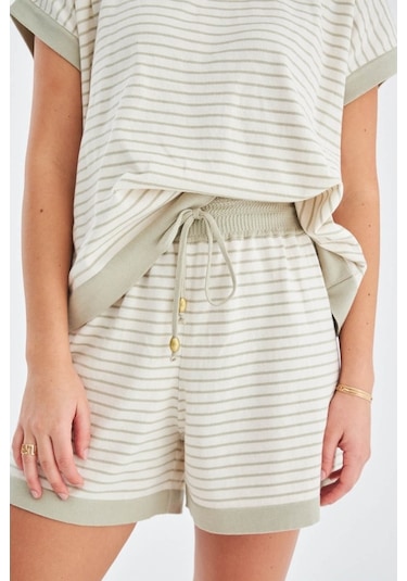 Peraluna Vera Blouse & Shorts Pamuklu Yazlık Kadın Triko Şort Tak Ekru