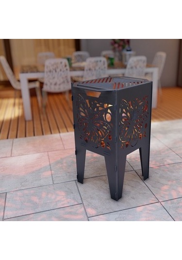 Kelebek Desenli Dekoratif Kare Mangal Portatif Ateş Çukuru Siyah