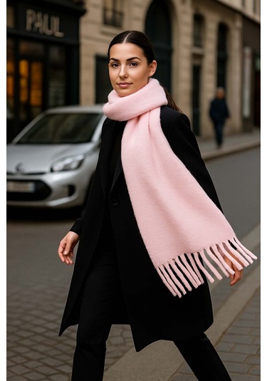 Kadın Püskül Detay Atkı Omuz Şalı 40x200 Cm 1295 Pudra Pudra