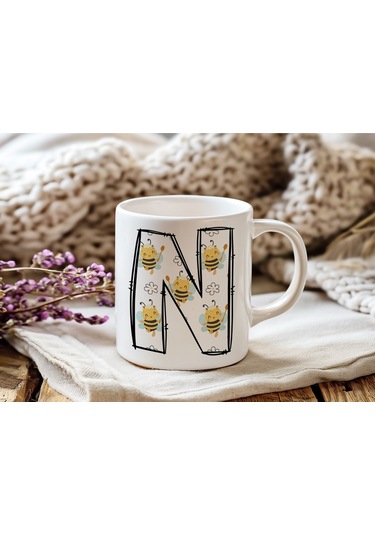 N Harfi Arı Desenli Kupa - Sevimli Hayvan Temalı Kişiye Özel Kahve Kupası - Şans Kupası Beyaz