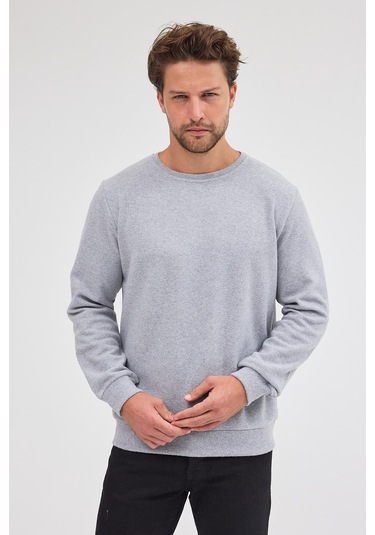 Comeor Erkek Gri Fit Normal Kesim Pamuklu Basic Bisiklet Yaka Sweatshirt Gri
