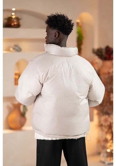 Oversize Bol Kesim Dik Yaka Fermuar Kapamalı Şişme Mont Krem