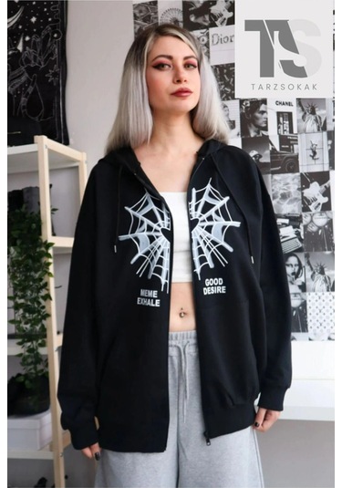 Adrift Örümcek Ağ Desire Sweatshirt Fermuarlı Hırka Siyah