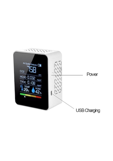 Springsun Siyah Beşlü Hava Kalitesi Testeri - Co2, Hcho, Tvoc, Sicaklık Ve Nem Ölçer - Portatif Elektrokimyasal Algılayıcı