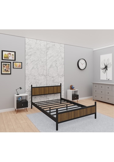 Gm 305 Modern Çift Kişilik Ahşap Metal Siyah Ceviz Karyola 150x200