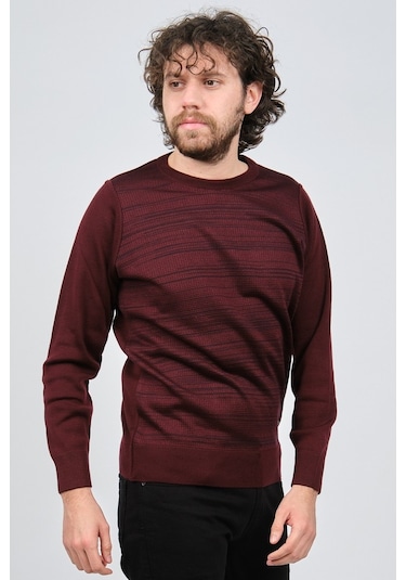 Çizgi Triko Erkek Bisiklet Yaka Desenli Kazak 42554225 Bordo Bordo