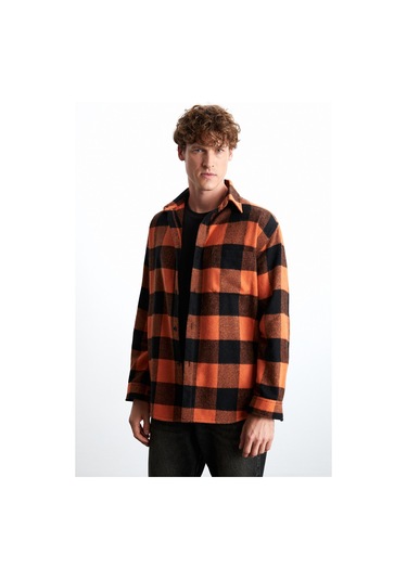 Wıldy Erkek Pamuk-polyester Gömlek Yaka Relaxed Oduncu Turuncu Gömlek