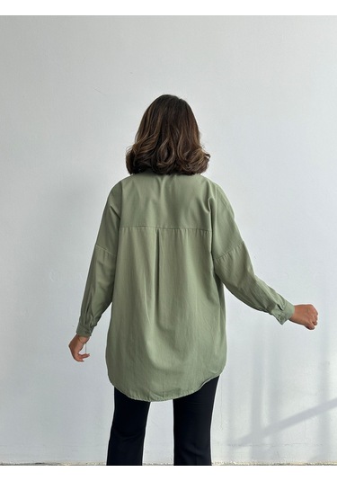 Kadın Oversize Uzun Basic Gömlek Haki