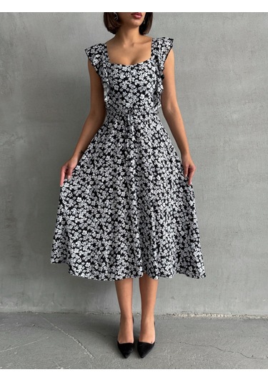 Kadın Çiçek Desenli Fırfır Detaylı Yazlık Dokuma Elbise Siyah