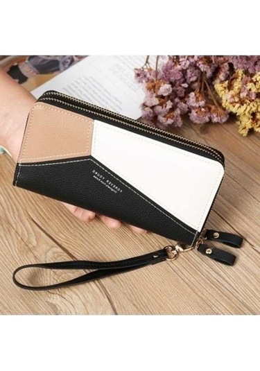 Trendooze Çift Fermuarlı Bayan Uzun Çanta - Ekleme Bozuk Para Çantası - Siyah Siyah