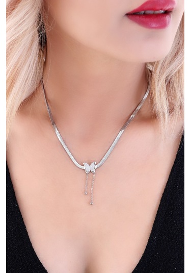 Kadın Ezme Kelebekli Altın Kaplama Çelik Kolye Gümüş Renk Altın