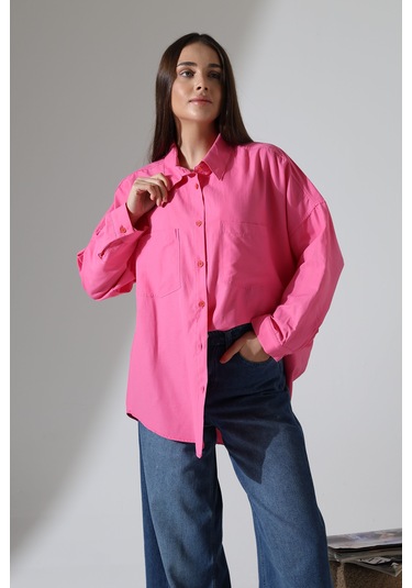 Yeni Sezon Poplin Kumaş Çift Cepli Oversize Pamuklu Kadın Tunik Gömlek Pembe
