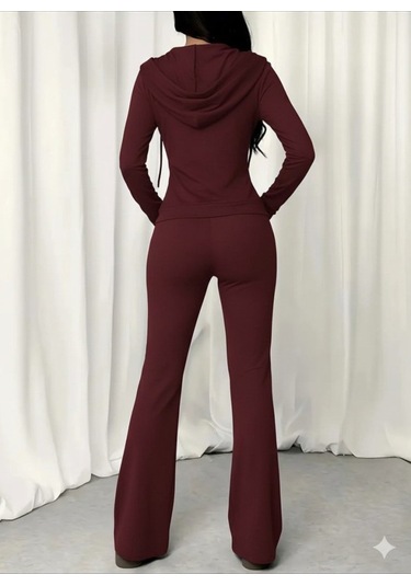 Tua Moda Kadın Uzun Kollu Kapşonlu Bağcıklı Önü Fermuarlı Viskon Iki Iplik Bluz Ve Pantolon Ikili Takım Bordo