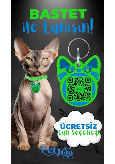 Petjoo 1.Bastet Mavi-Yeşil Qr'lı Kedi Künyesi