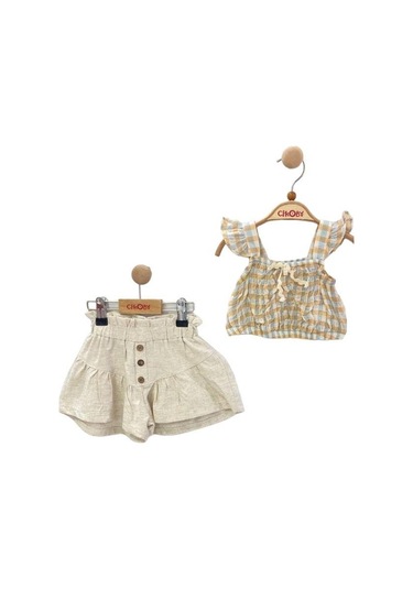 Kız Bebek Çocuk Üst Pütükare Askılı Şortlu Takım-13869 Bej