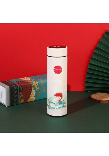 Beyaz Kapaklı Çift Katmanlı Ekran Çin Tarzı Kahve Tumbler Su Şişesi Termos Termos Bardak