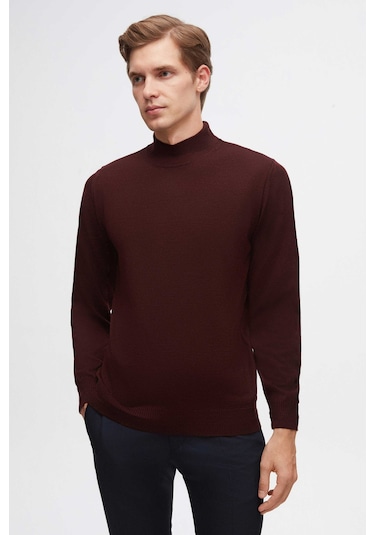 Ds Damat Regular Fit Bordo Düz Örgü Yarım Balıkçı Yünlü Triko Kazak 3hf062436275m Bordo