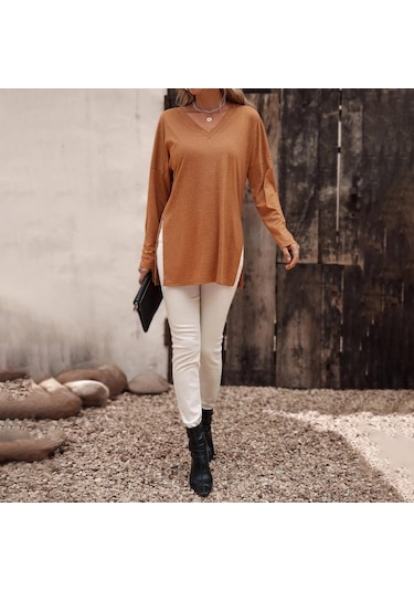 Hnxc Kadın Moda Günlük Yaz Düz Renk Baskı Uzun Kollu V Yaka Bluzlar Ve Gömlekler Yeşil