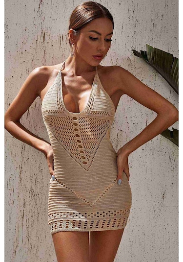 Angelsin Boyundan Bağlamalı Etnik Desenli Örme Pareo Plaj Elbisesi Krem 001