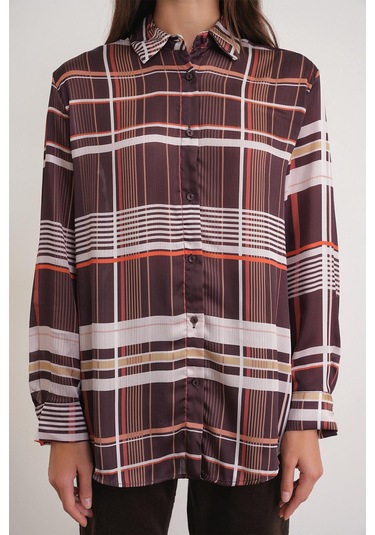 4751 Kadın Ekose İnce Saten Gömlek Kahve Kahve