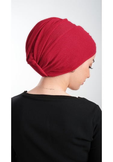 Kırmızı Pratik Hazır Geçmeli Tesettür Bone Fukuro Simli Büzgülü 2116 31 Kırmızı