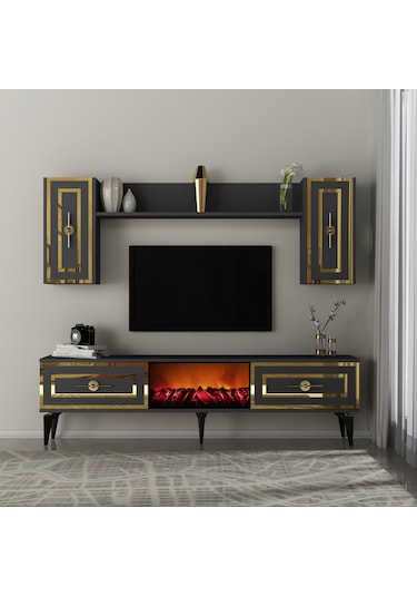 Violla Şömineli Tv Ünitesi Takımı Antrasit-altın