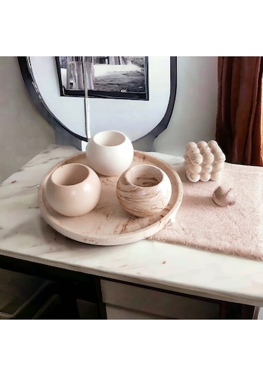 Mermer Bej Serisi Beton Tepsili Saksı Seti Gri