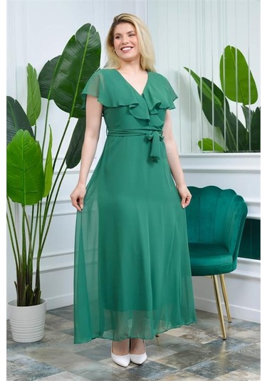 Neşeli Butik Kadın Yeşil Kruvaze Yaka Bağlama Detaylı Uzun Şifon Elbise Nb0001 Yeşil