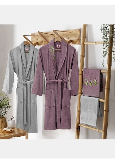 Taç Soft Bambu Aile Bornoz Seti Floret Mürdüm Gri Gri - Mürdüm