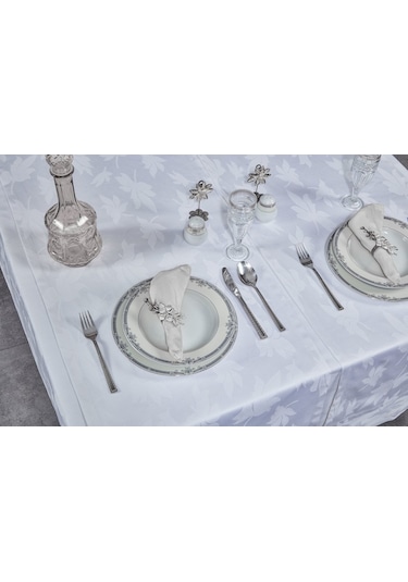 Misiny-Yaprak Desenli Beyaz Masa Örtüsü