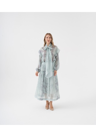 Fırfır Detaylı Transparan Çiçek Desenli Bağlama Yakalı Takım Yeşil