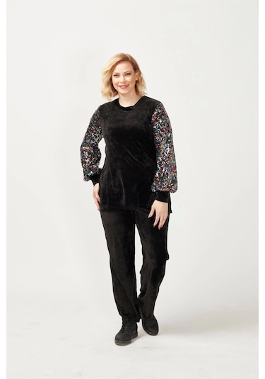 3232 Siyah Kadife Kolu Disko Payetli Büyük Beden Bluz Siyah