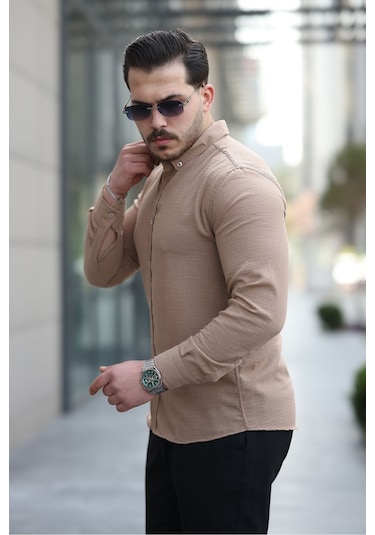 Mero Life Erkek Taba Basic %100 Pamuklu Dökümlü Kumaş Uzun Kollu Salaş Gömlek Taba