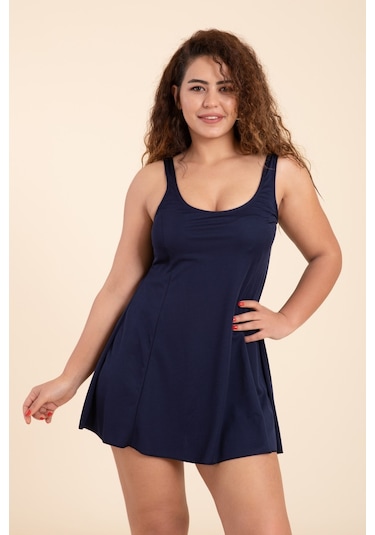 Kadın Büyük Beden Düz Askılı Etekli Elbise Mayo Lacivert-lacivert 30643 - 1 Lacivert