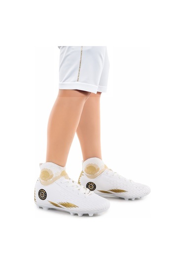 Kiko Kids 142 Fkp Boğazlı Krampon Çim Saha Erkek Çocuk Futbol Ayakkabı Beyaz - Altın
