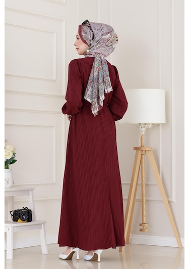 Yakası Güpür Nova Elbise-bordo-5027 Bordo
