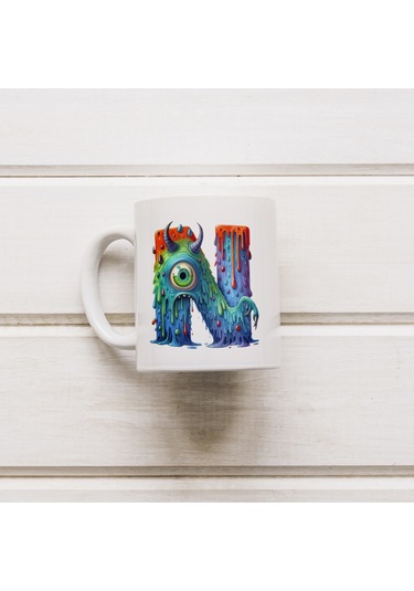 N Harfi Bardak, Sevimli Canavarlar Harflı Bardak Hediyesi Porselen Beyaz