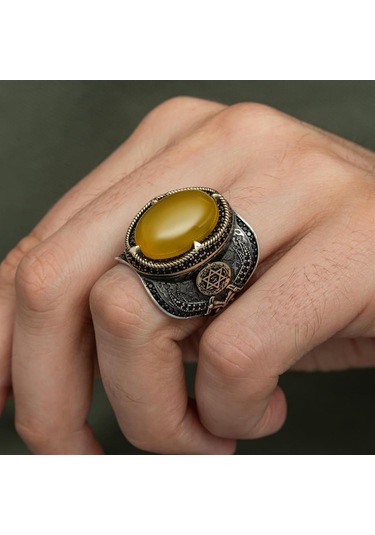 Sarı Akik Taşlı Süleyman Mührü 925 Gümüş Erkek Yüzük Beyaz