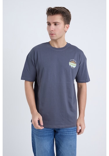Velvoria Unisex Oversize Relaxed Home Is Where Baskılı Antrasit Renk T-shirt