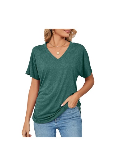 Yeşil Hnxc Kadın Moda Günlük Yaz Düz Renk Baskı Kısa Kollu V Yaka Bluzlar Ve Gömlekler Yeşil