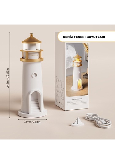 Hymark Deniz Feneri Projektör Ay Led Gece Lambası Kumandalı Kısılabilir Zamanlama Krem Üzeri Gold Patineli